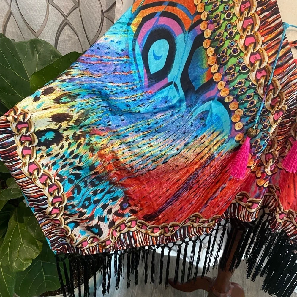 NWT True Colours by La Moda Fringe Peacock Caftan Top- One Size - Picture 3 of 10